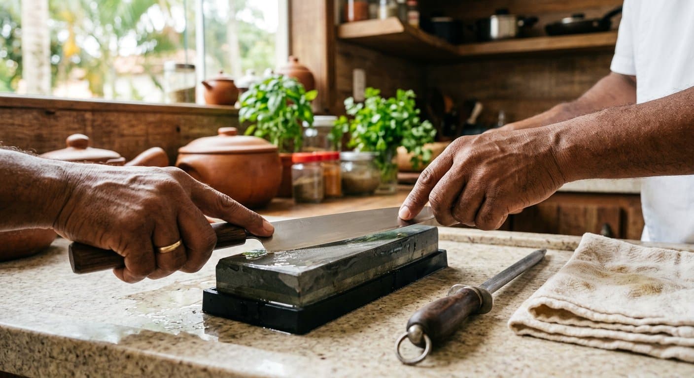 Como afiar faca de cozinha: chaira, pedra e o ângulo de uns 20 graus