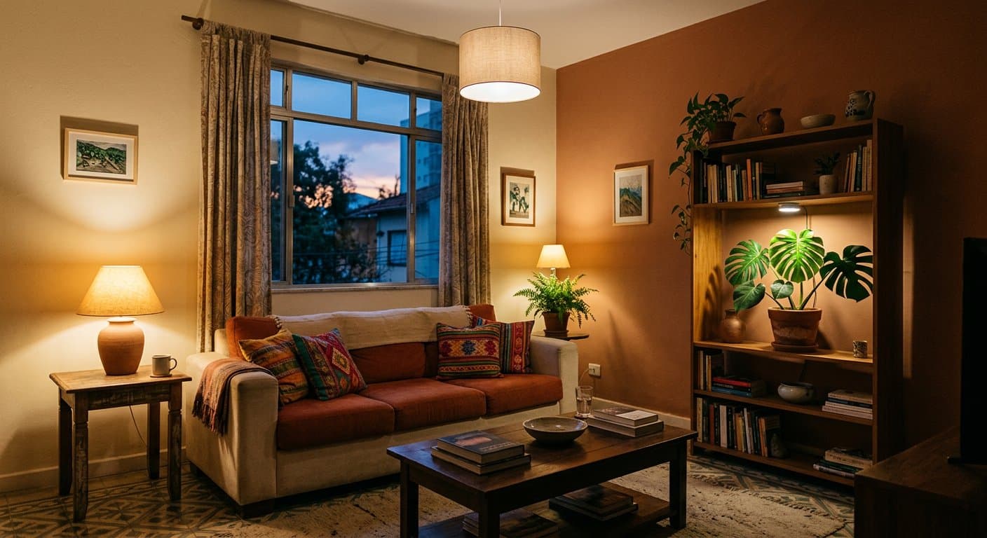 Iluminação em camadas: teto, abajur e foco — sem deixar a sala chata