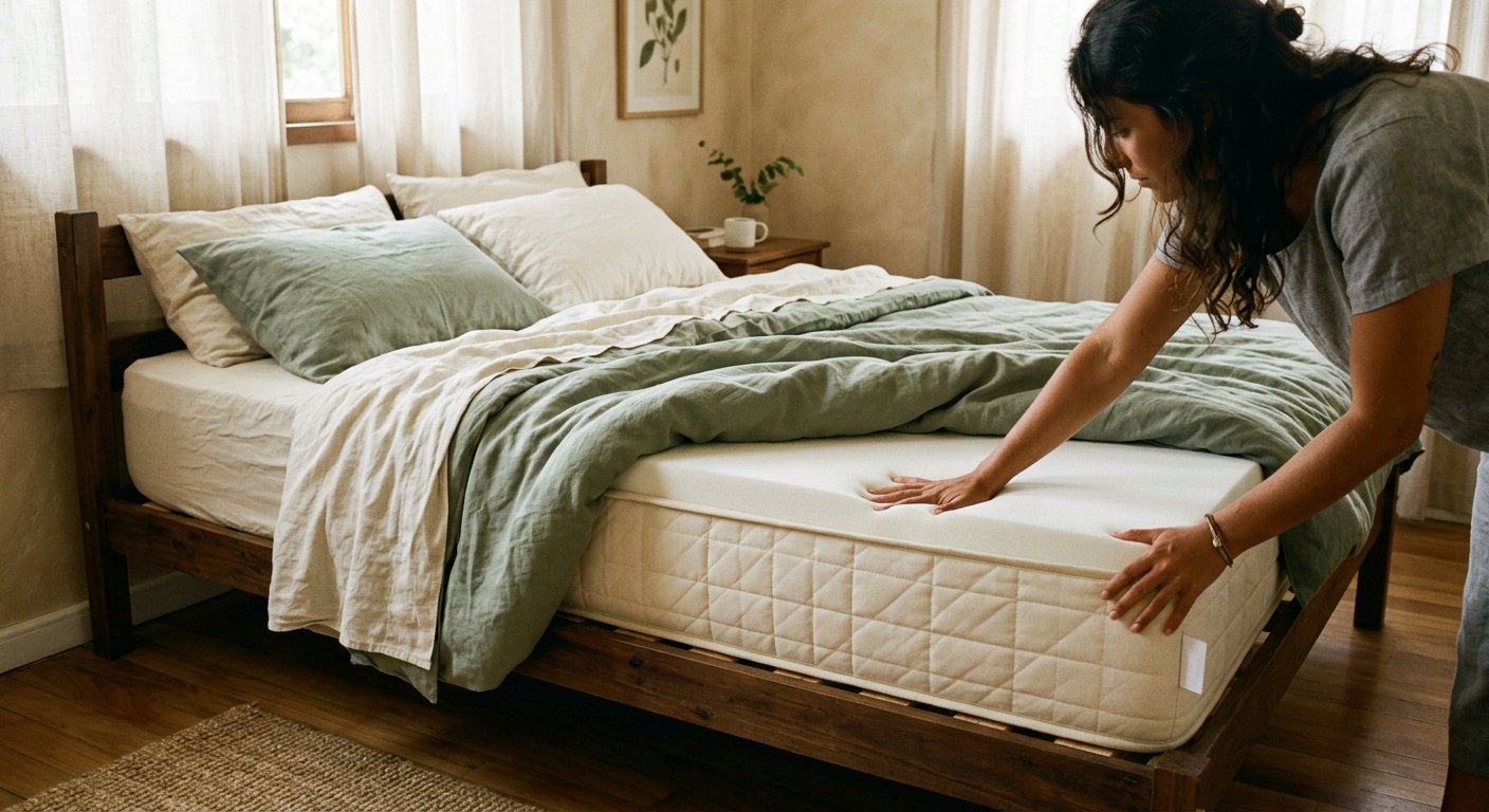 Colchão visto de lado na cama, mostrando a altura, em quarto simples
