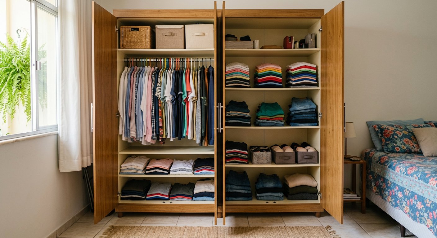 Guarda-roupa aberto com roupas penduradas e pilhas dobradas em pé