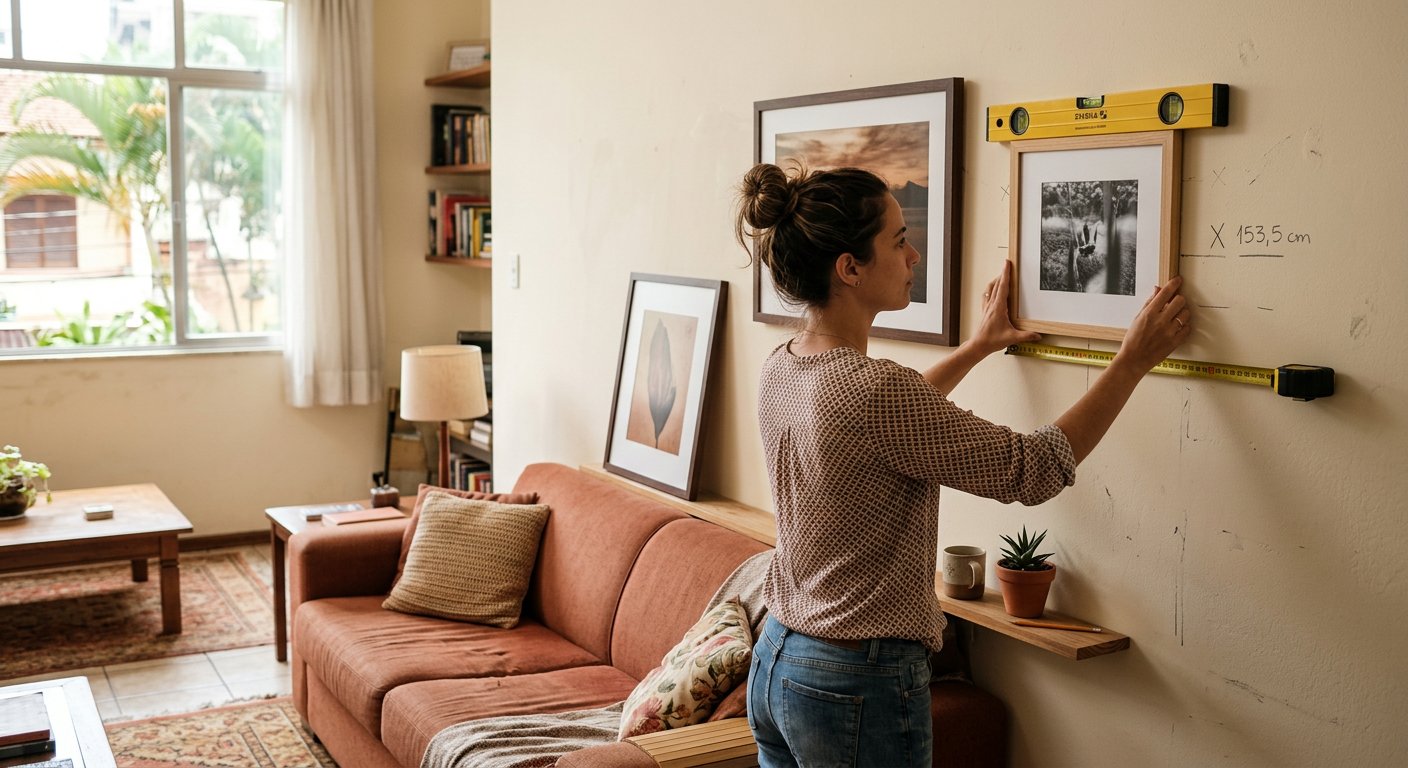 Composição de quadros sendo alinhada com nível de bolha acima do sofá