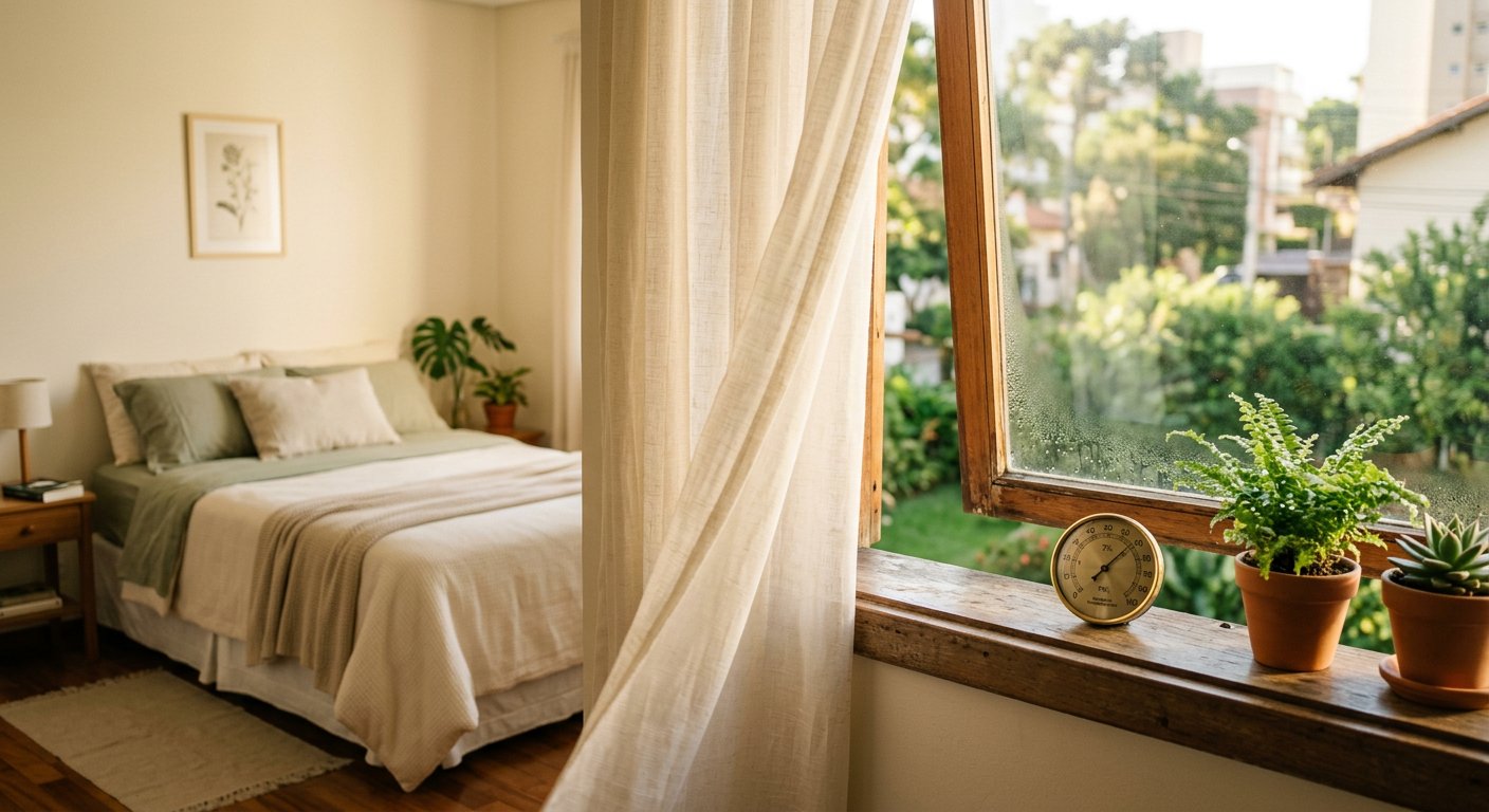 Quarto com janela entreaberta e higrômetro no parapeito