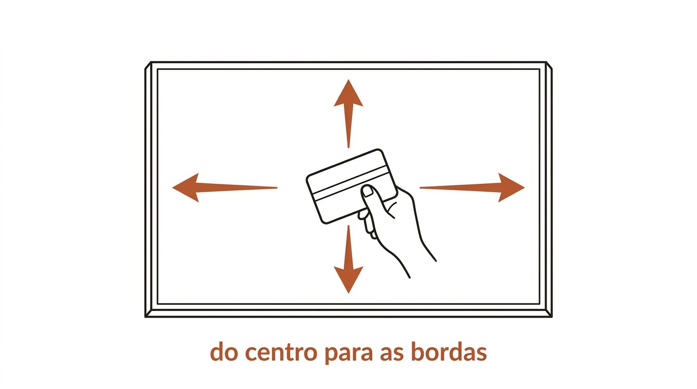 Esquema: alisar o adesivo do centro para as bordas com cartão