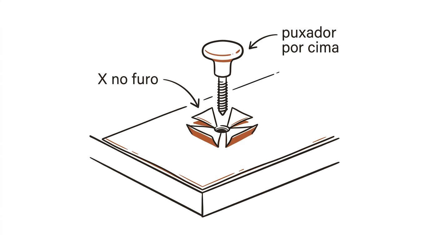 Esquema: corte em X no furo do puxador, com o parafuso por cima