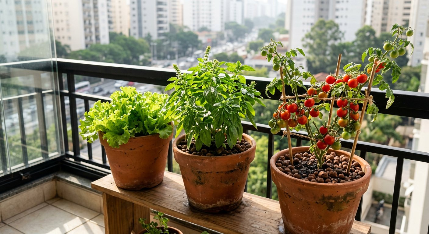 Três vasos na varanda: alface, manjericão e tomate-cereja