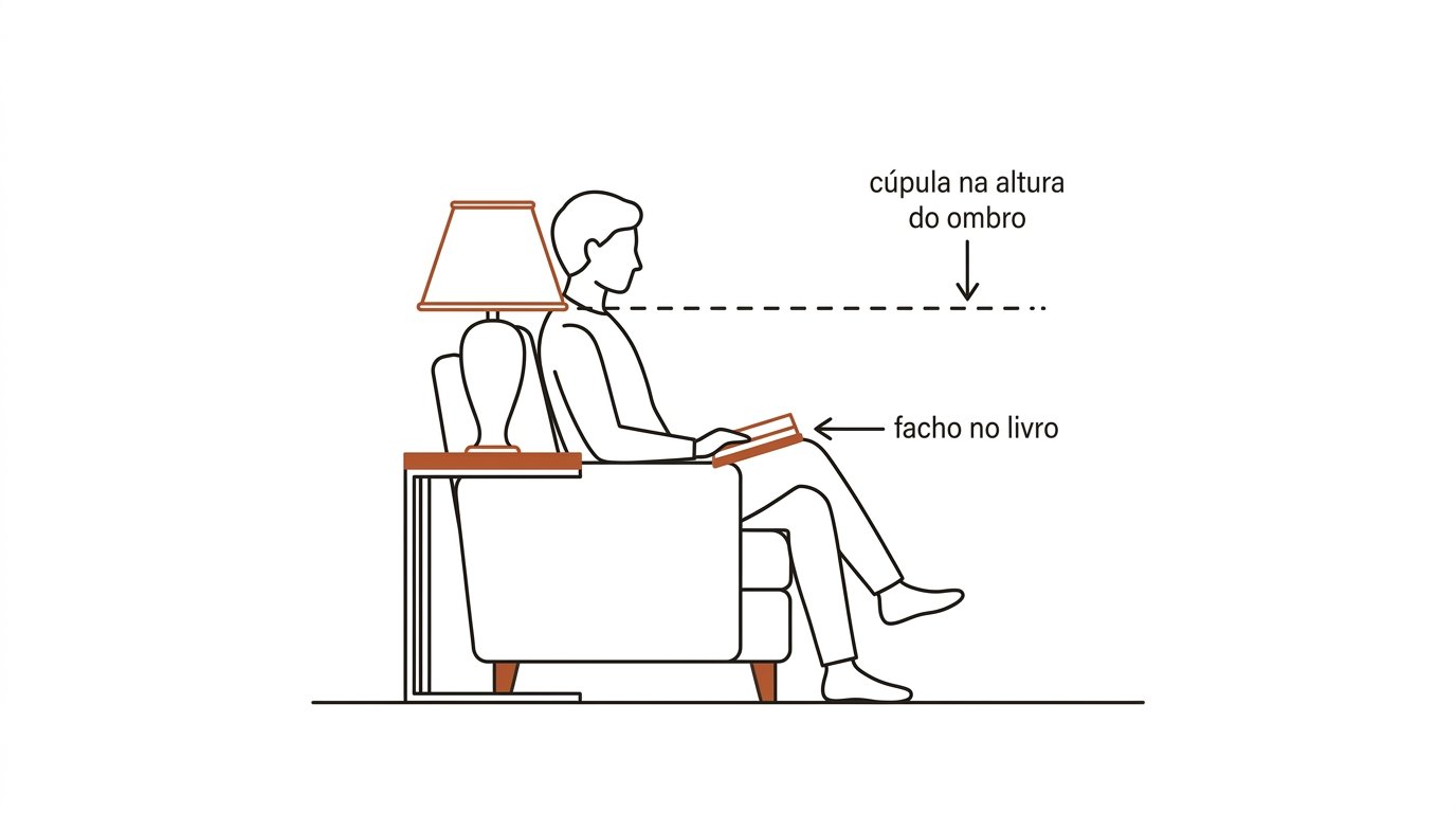 Esquema: cúpula do abajur na altura do ombro de quem está sentado, com o facho no livro