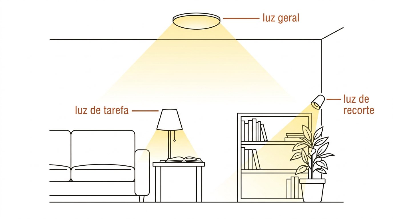 Esquema: luz geral no teto, luz de tarefa no abajur e luz de recorte na planta