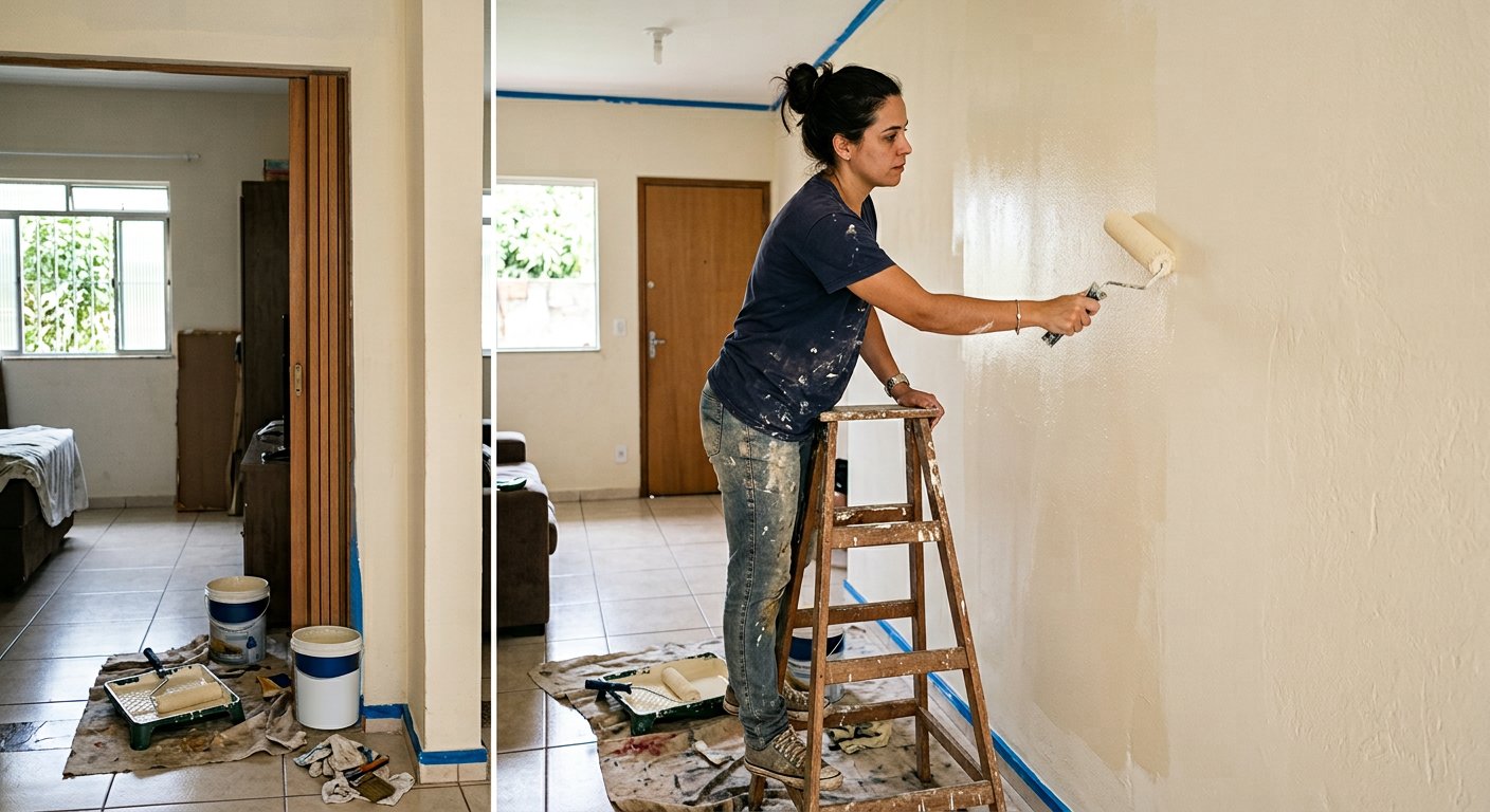 Pessoa pintando parede com rolo e fita crepe no rodapé