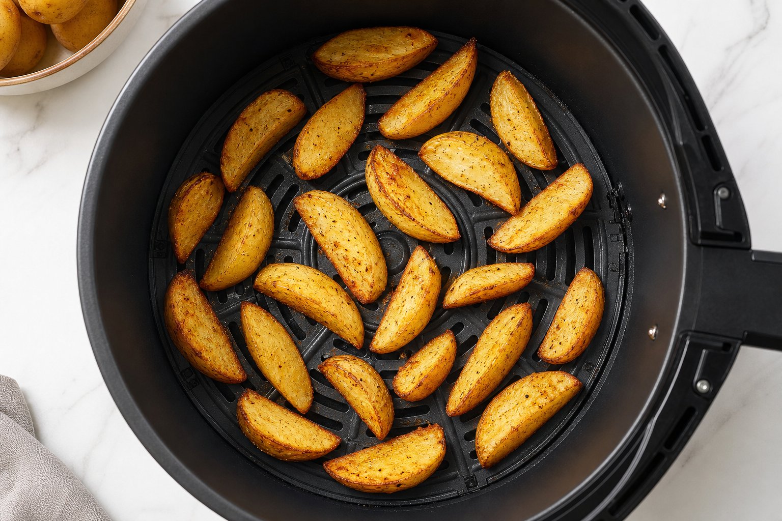 Cesto da air fryer com batatas douradas em camada única, com espaço entre as peças para o ar circular