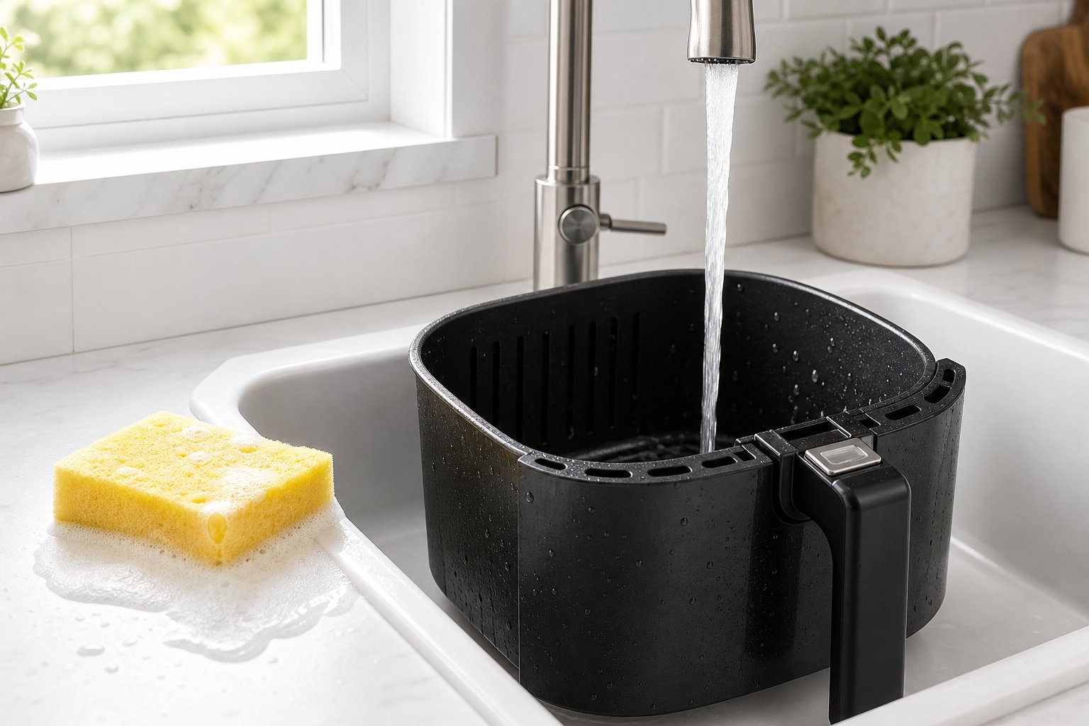 Limpeza do cesto da air fryer com esponja macia e água com detergente neutro