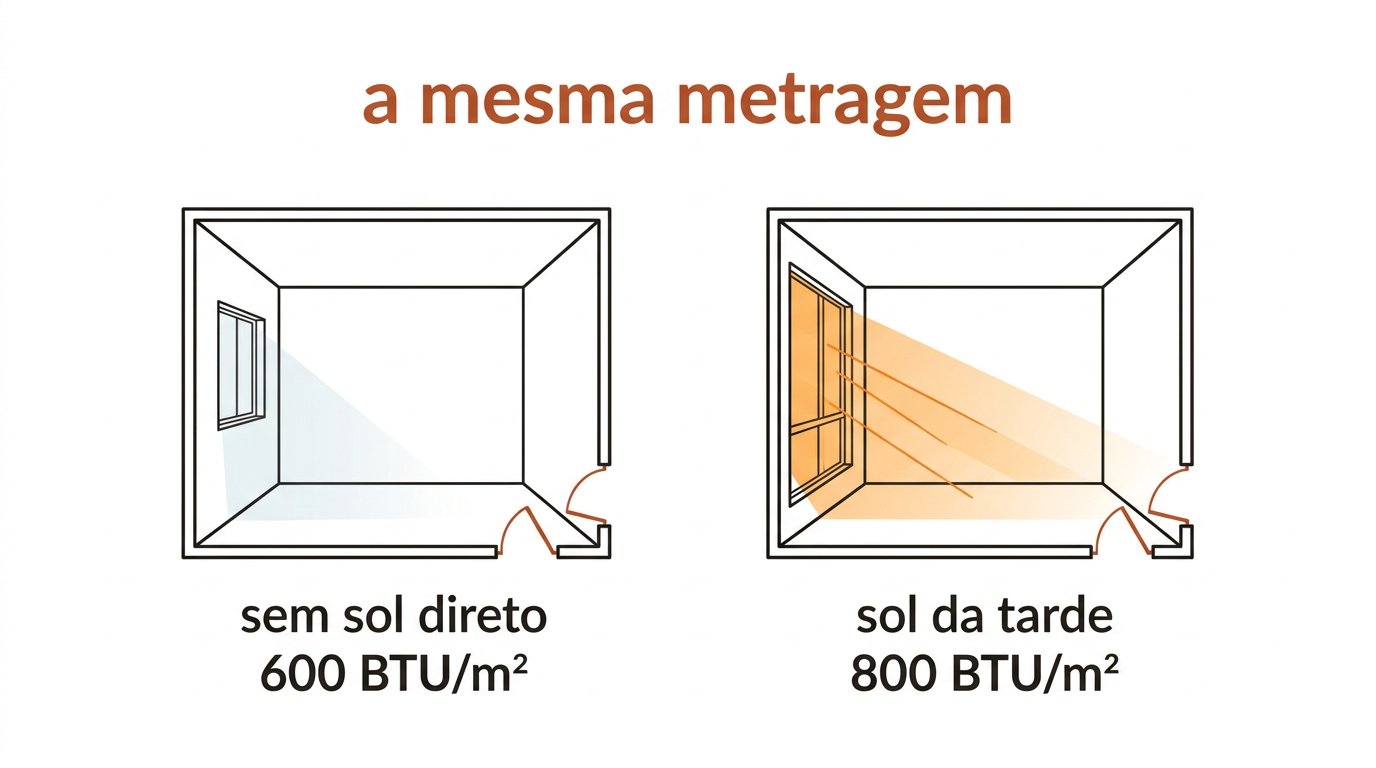 Esquema: a mesma metragem pede 600 BTU/m² sem sol e 800 BTU/m² com sol da tarde