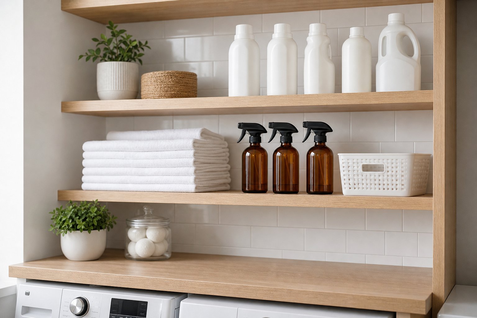 Prateleira de produtos de limpeza organizada com frascos tampados, panos dobrados e cesto, em área de serviço clara