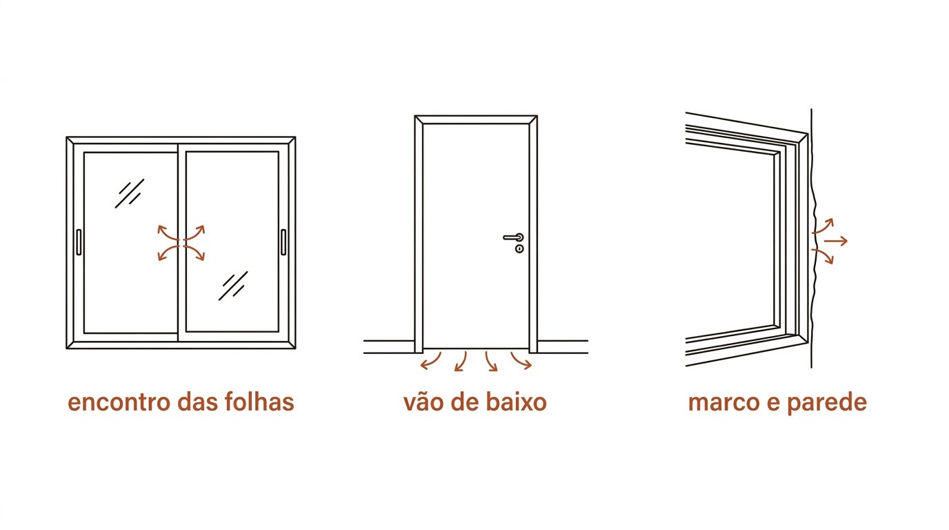 Esquema dos três pontos clássicos de fresta: encontro das folhas, vão de baixo da porta e marco com a parede