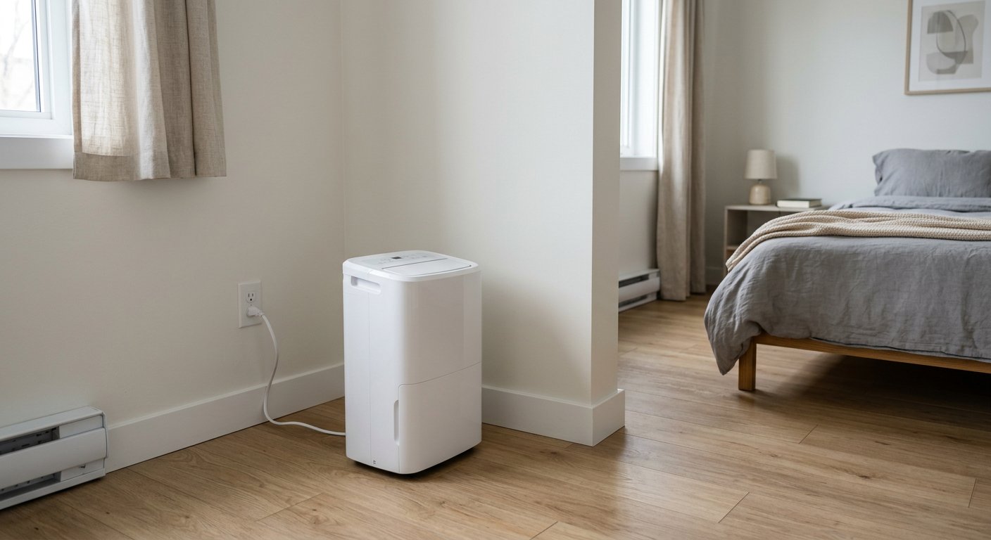 Quarto contemporâneo com desumidificador compacto ao lado da cama