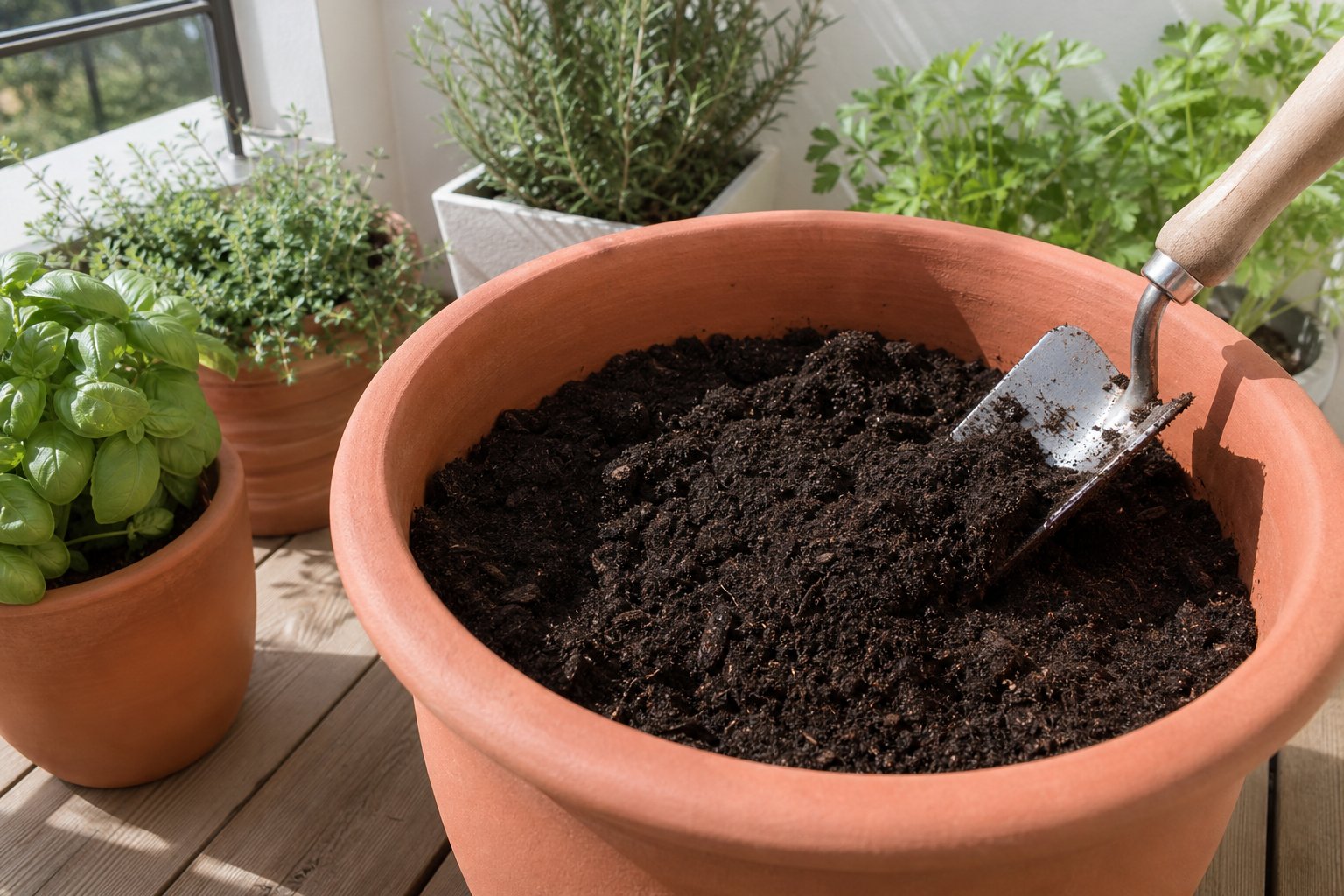 Composto maduro escuro sendo misturado à terra de um vaso grande na varanda com horta