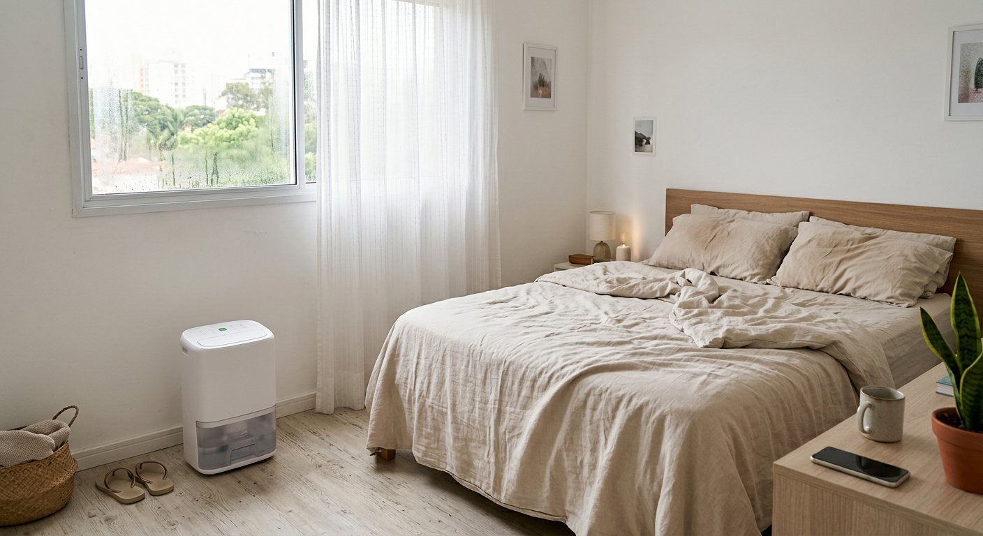 Desumidificador no quarto, com espaço em volta