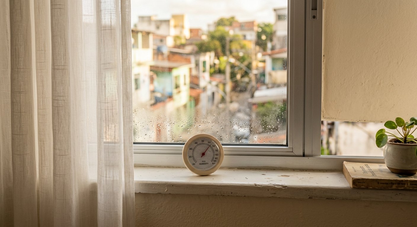 Higrômetro no parapeito, vidro embaciado