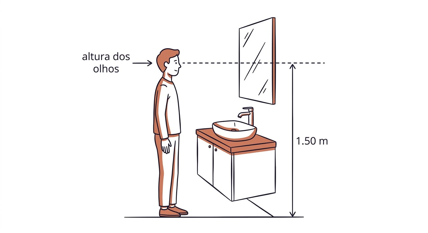 Esquema: centro do espelho na altura dos olhos, cerca de 1,50 m