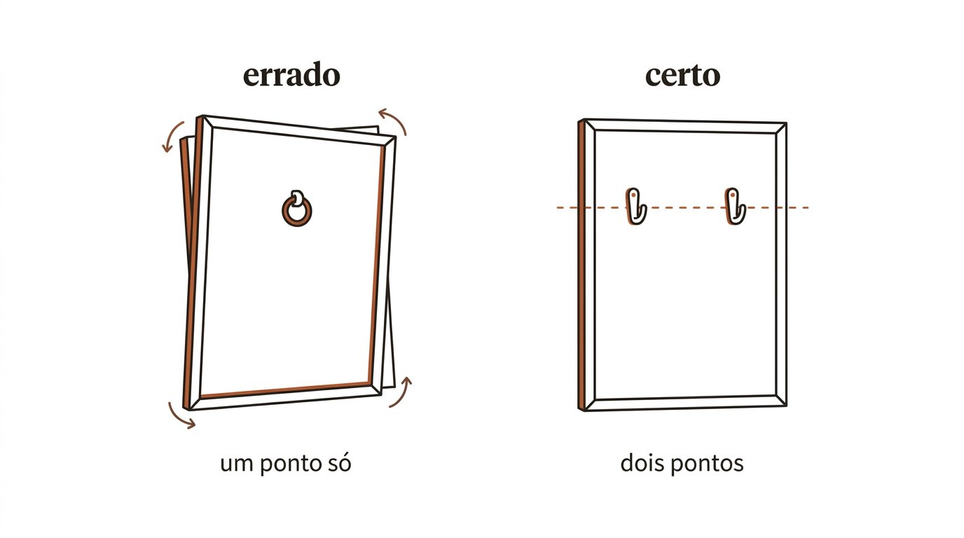 Esquema: um ponto só deixa o espelho balançando; dois pontos alinhados firmam a peça