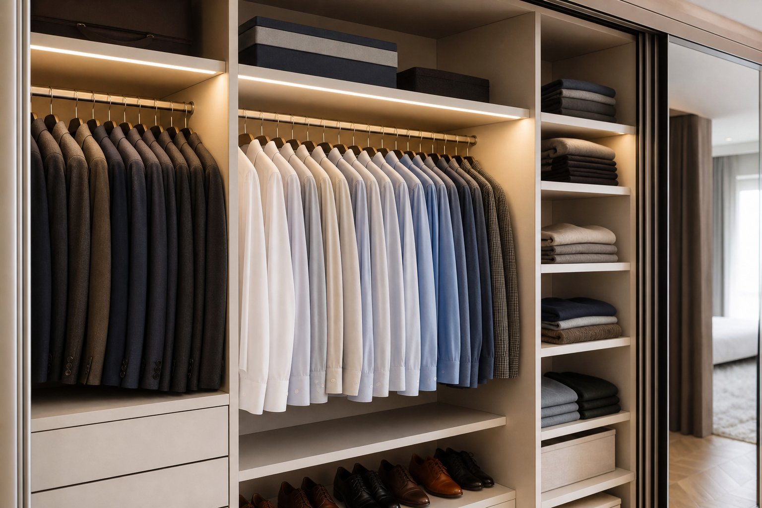 Guarda-roupa aberto com fileira de roupas em cabides finos uniformes e prateleiras com roupas dobradas