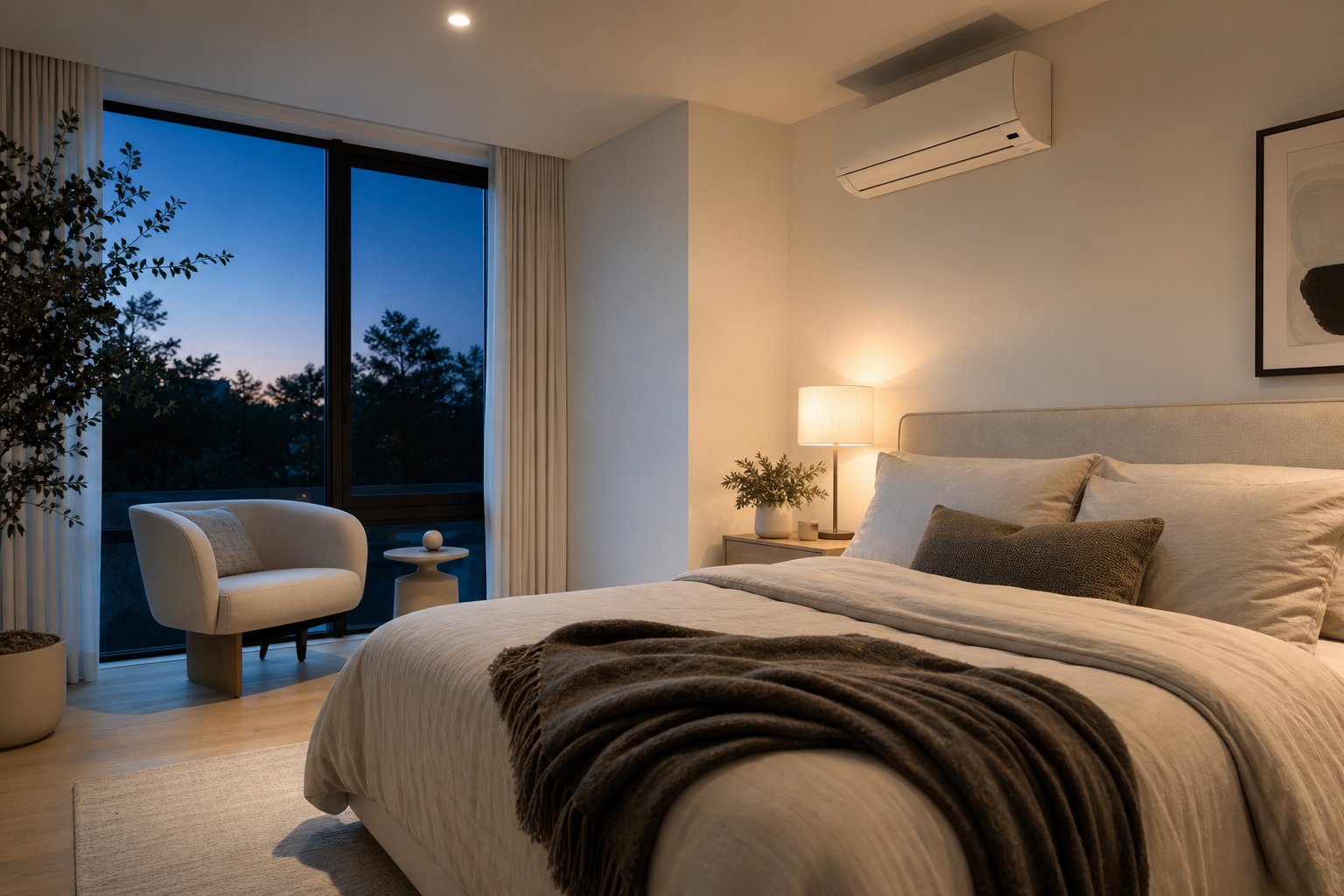 Quarto em meia-luz com o ar-condicionado em uso contínuo: o cenário em que o inverter economiza de verdade