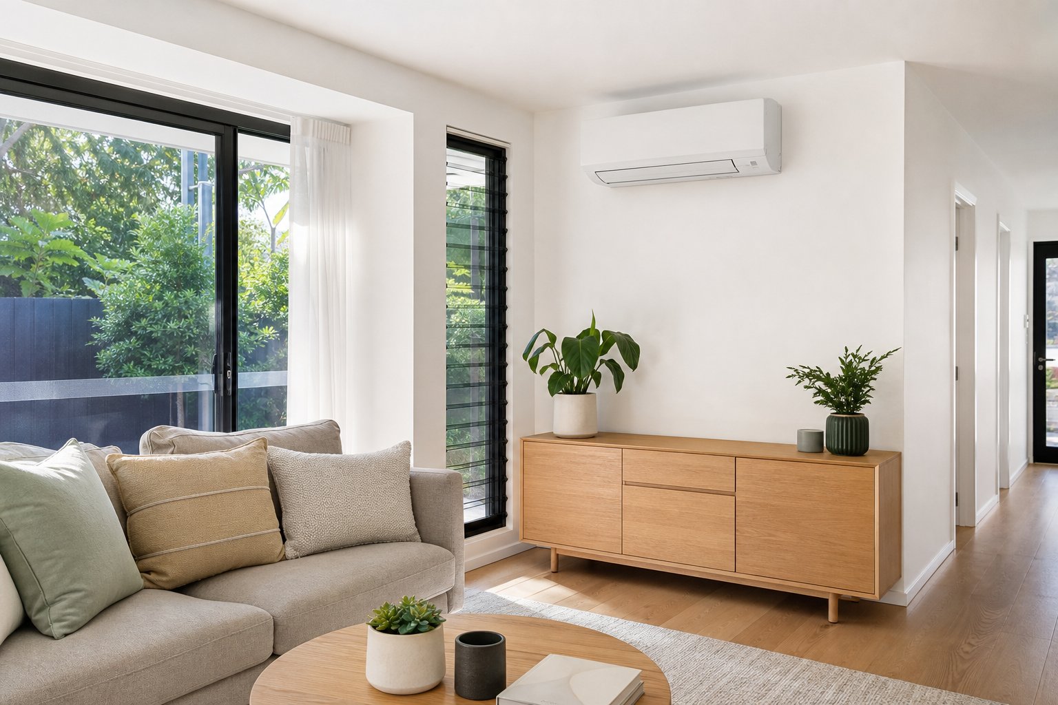 Sala contemporânea com ar-condicionado: uso curto e esporádico, onde o convencional ainda briga de igual