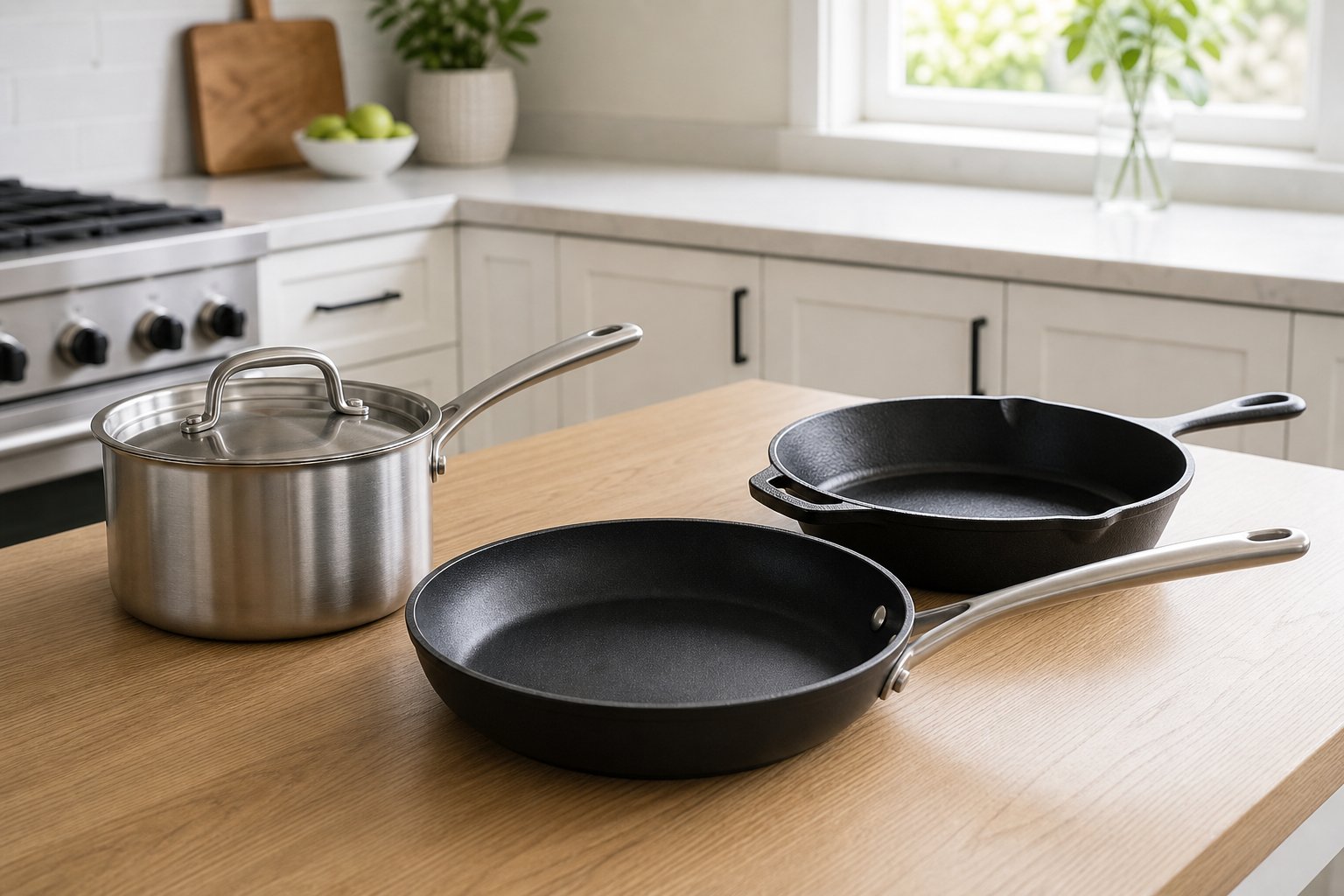 O conjunto mínimo de panelas: antiaderente para ovo e peixe, inox de fundo triplo para molhos e ferro para bife e forno