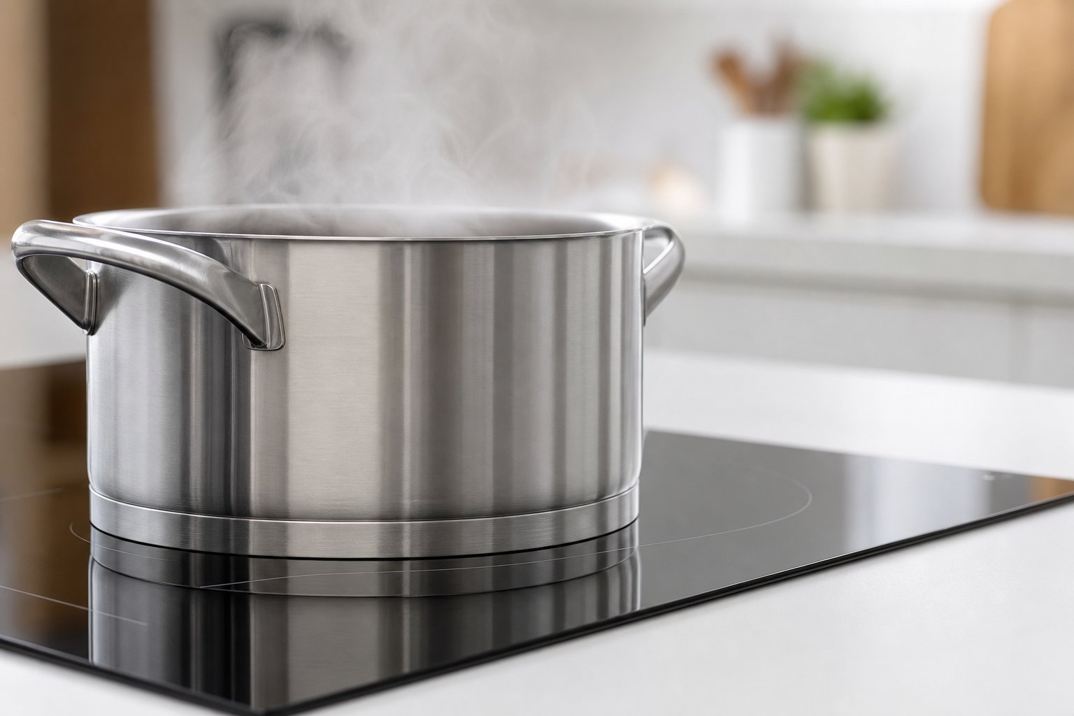 Detalhe do fundo triplo de uma panela de inox sobre o cooktop: a camada que espalha o calor e evita o ponto queimado