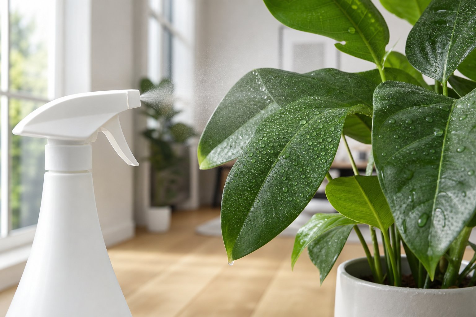 Borrifador aplicando jato fino de água na face inferior das folhas de uma planta de interior