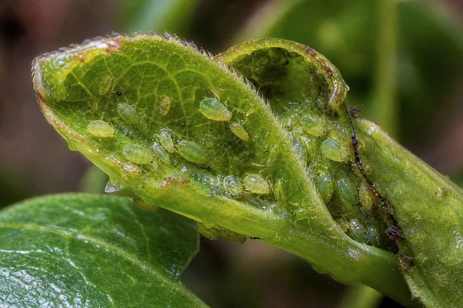 Close-up de colônia de pulgões verdes na face inferior de um broto de planta