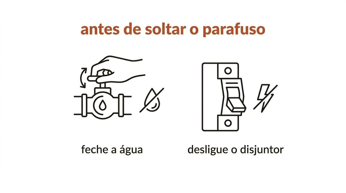 Esquema: feche a água e desligue o disjuntor antes de soltar o parafuso