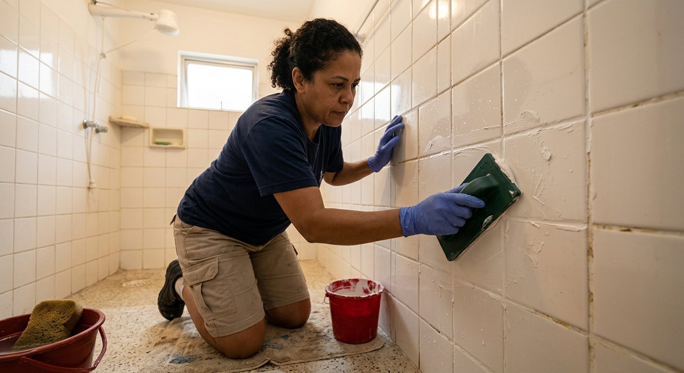 Pessoa aplicando rejunte nas juntas do azulejo do banheiro com desempenadeira de borracha
