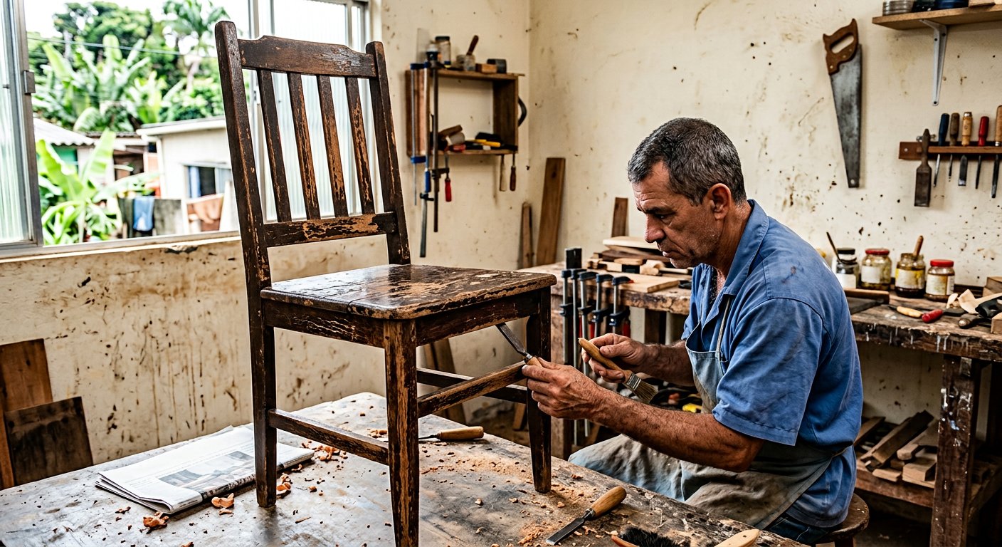 Cadeira de madeira com verniz descascando, pronta para restauração