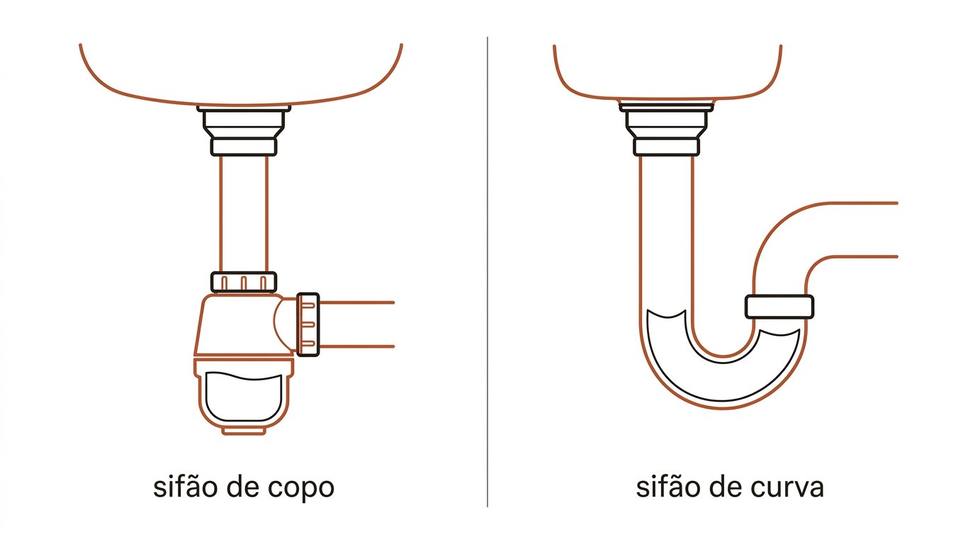 Esquema: sifão de copo ao lado do sifão de curva