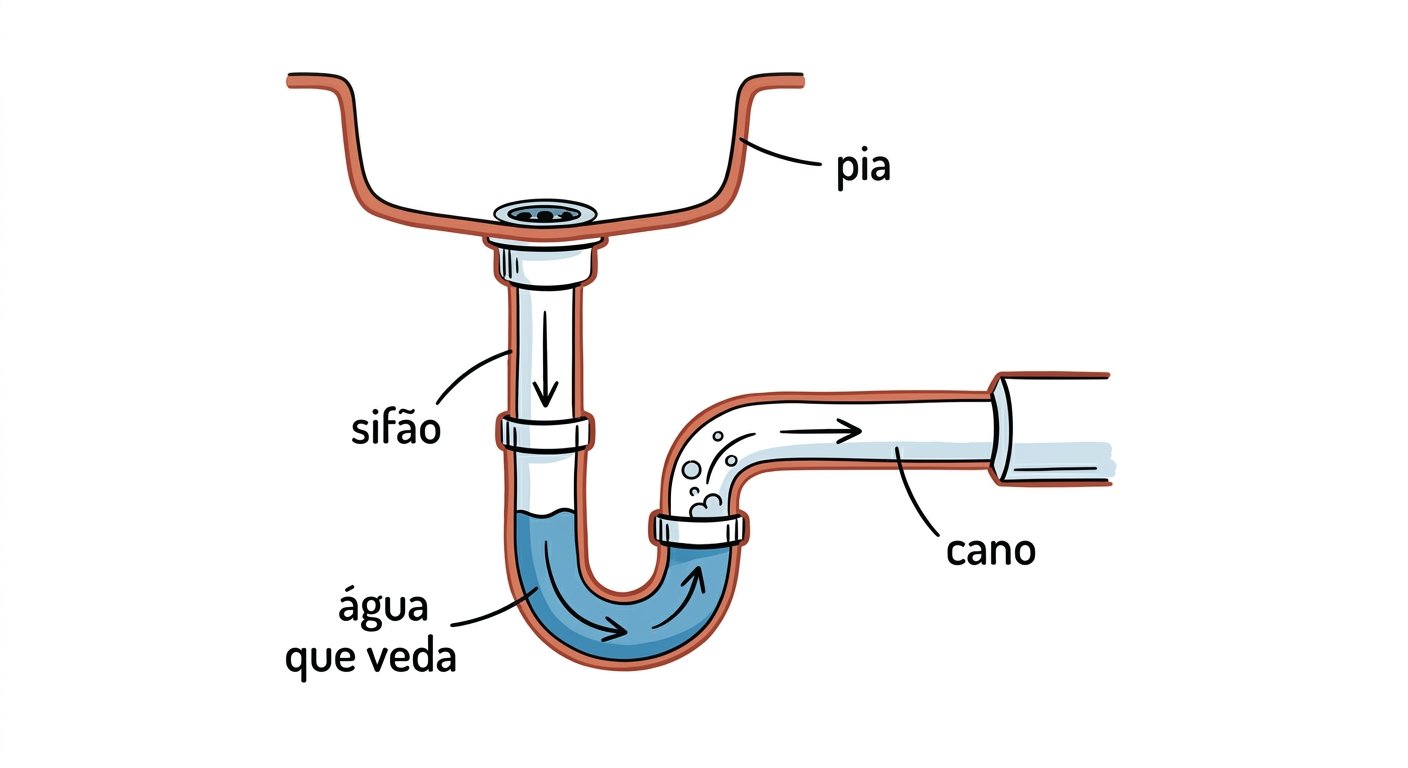 Esquema do sifão em U: a água no fundo veda o cheiro