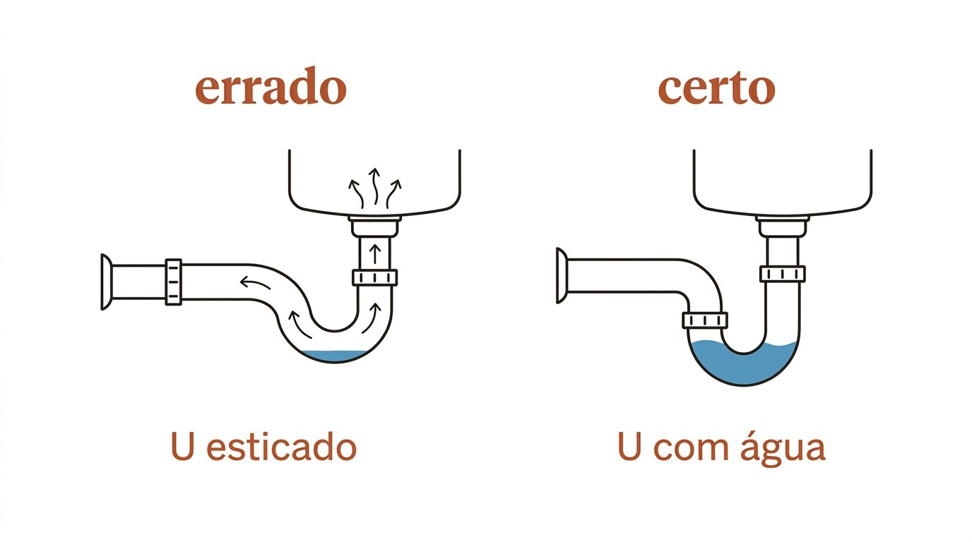 Esquema: sifão com U esticado sem água versus U correto retendo água