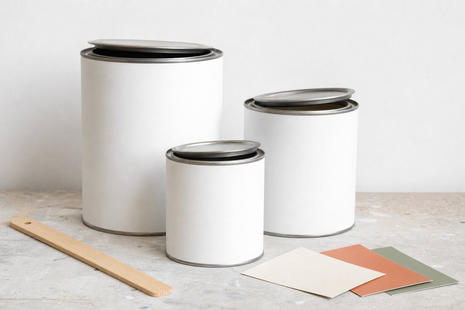 Três latas de tinta brancas sem rótulo com amostras de cores e pincel sobre bancada clara