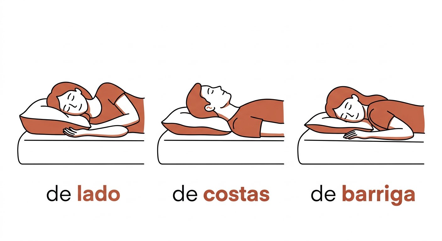 Esquema: travesseiro mais alto de lado, médio de costas, fino de barriga